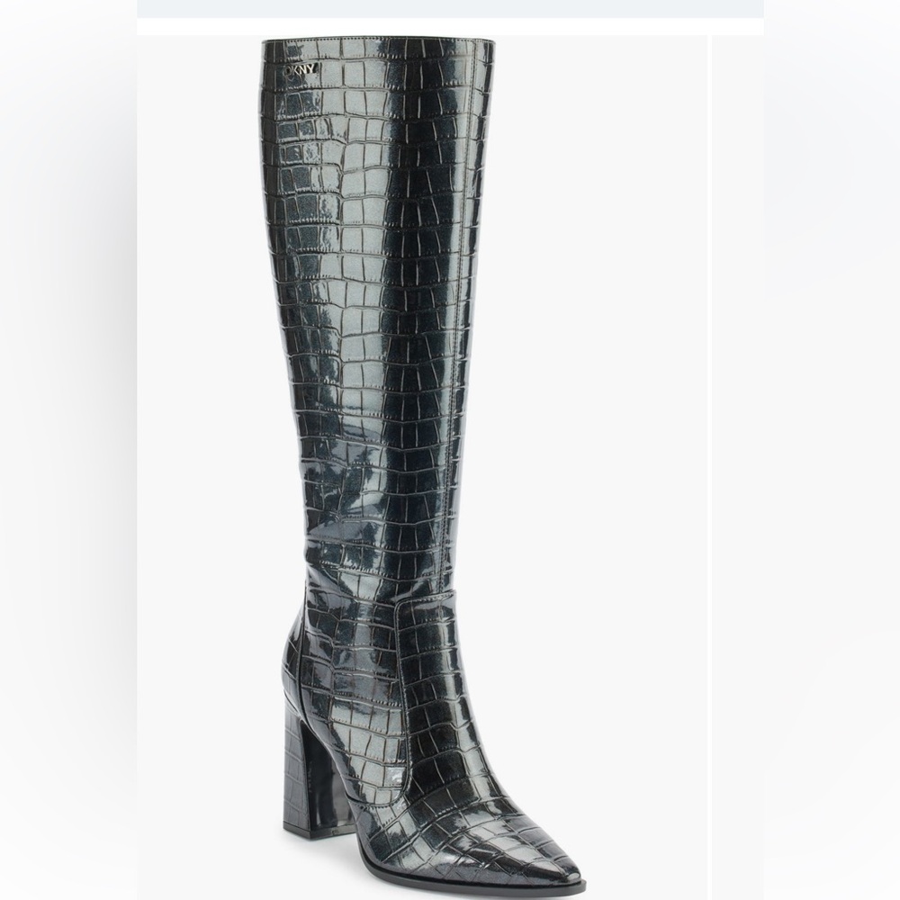DKNY Shiny Silver- dark green Croc-Patterned Heeled Boots